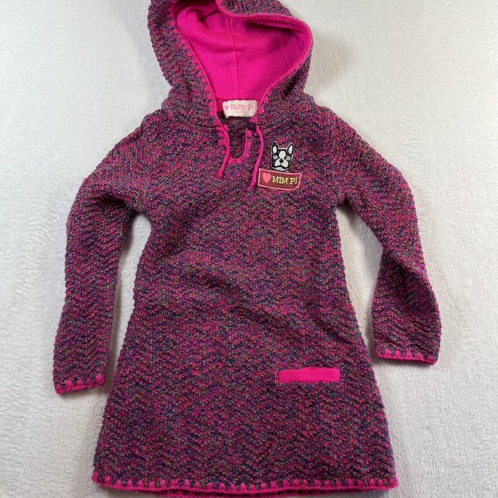 Mim-Pi Sweater Dress Girls 6 Pink Multicolor Hooded Knit Long Sleeve Dog Patch